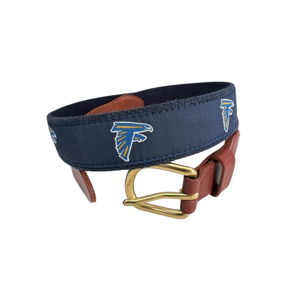 LeatherMan Ltd Atlanta Falcons Belt Mens 32 Blue Canvas Brown Leather Top Grain